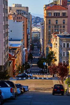 Long steep road in San Francisco morning light