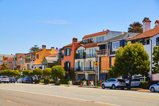 Street in California of colorful homes