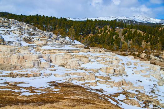 Snow-covered terraces in winter at Yellowstone Hot Springs