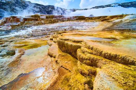 Stunning Yellowstone hot springs landscape with detailed terrace layers of all colors