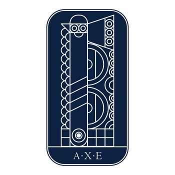 Northern fantasy battle dark blue emblem. Line art Viking axe and shield and chain mail
