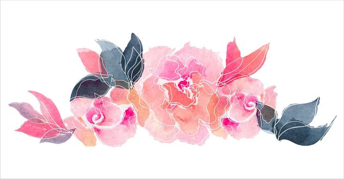 Watercolor floral composition of rose flowers and branches