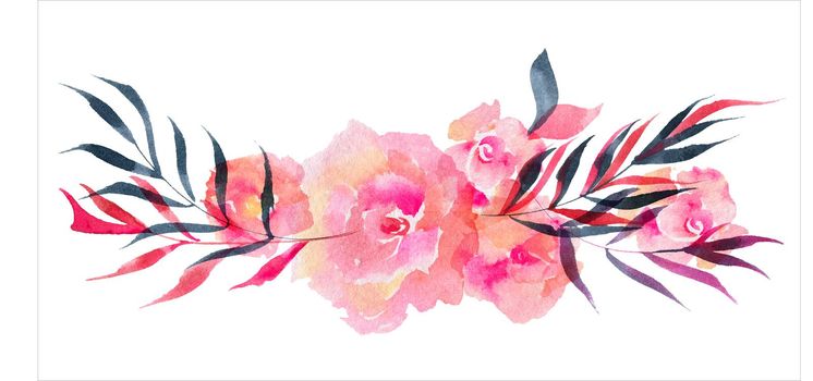 Watercolor composition of rose flowers and willow branches