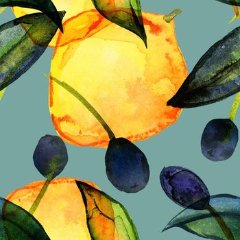 Lemons and olives seamless watercolor pattern