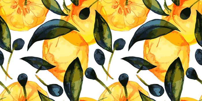 Citrus and olive fruits seamless pattern with traced watercolor