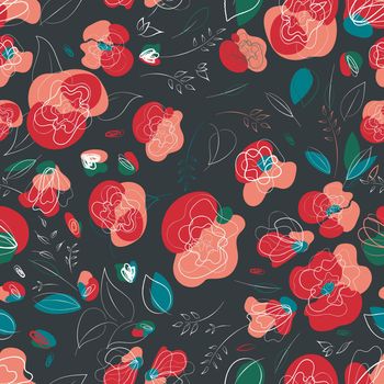 Red poppy seamless pattern in millefleur trend