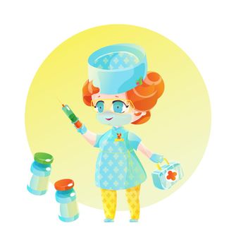 Cute female doctor with red hair with a syringe, a medical bag and vaccine vials. Chibi character, kids cartoon illustration