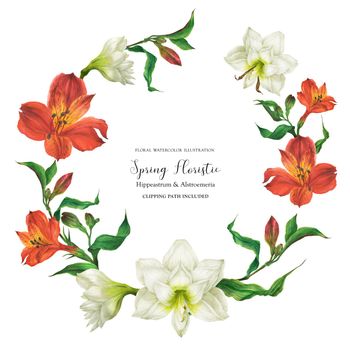 Floral wreath with red and white lily flowers