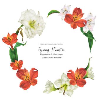 Floral round frame with red and white lily flowers