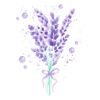 Lavender background with flowers. Watercolor imitation design with paint splashes illustration Provence style. Drawing for greeting cards, invitations
