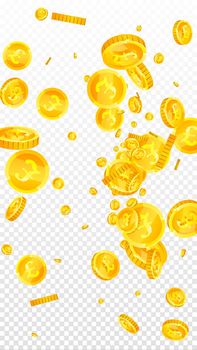 British pound coins falling. Marvelous scattered GBP coins. United Kingdom money. Uncommon jackpot, wealth or success concept. Vector illustration.