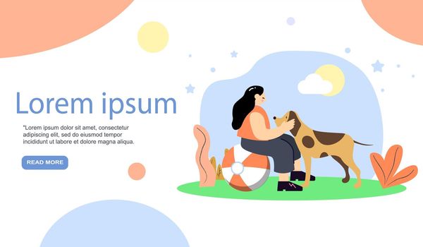 Dog landing concept with girl in park with dog. Woman enjoy spending time outdoors communicating with pet. Cartoon flat vector illustration EPS