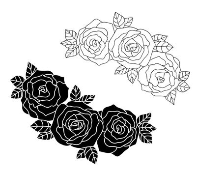 Line Roses border. Outline flowers bouquet with buds and leaves. Vector illustration isolated on white background