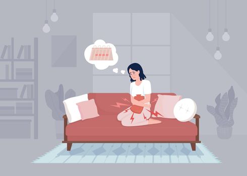 Menstrual cramp treatment flat color vector illustration