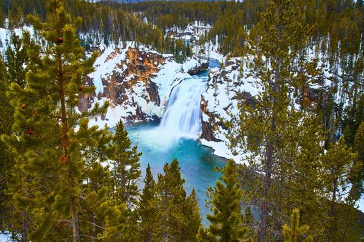 Pine trees frame serene blue waterfalls in winter at Yellowstone