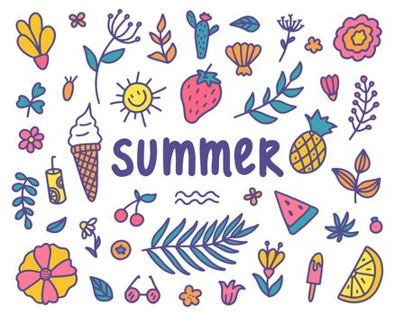 Summer set. Vector illustration of colorful doodles of seasonal symbols