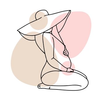 Pregnant girl in a hat, round and big belly, pregnancy, doodle outline drawing, nude tones of color