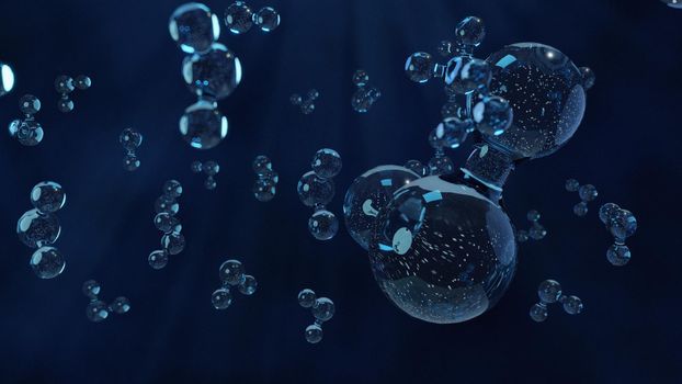 Water Molecules on Blue Background. Macro Wallpaper with Copy-Space. 3d Render