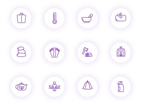 sauna purple color outline vector icons on light round buttons with purple shadow. sauna icon set for web, mobile apps, ui design and print