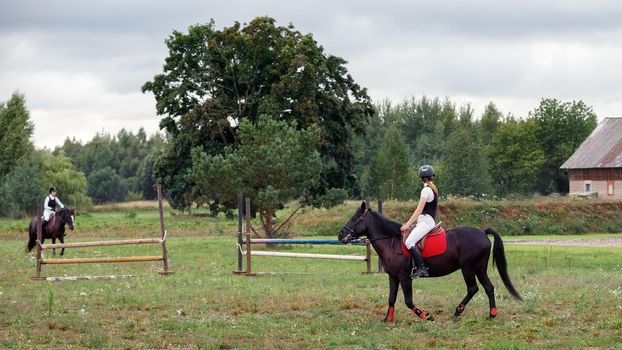 Young girls riding horses bareback in field. Horse riding, training and rehabilitation.