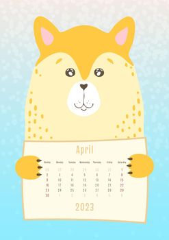 2023 april calendar, cute corgi dog animal holding a monthly calendar sheet, hand drawn childish style
