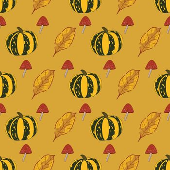 Autumn vector repeat pattern with pumpkin, leaf, and mushroom on golden background