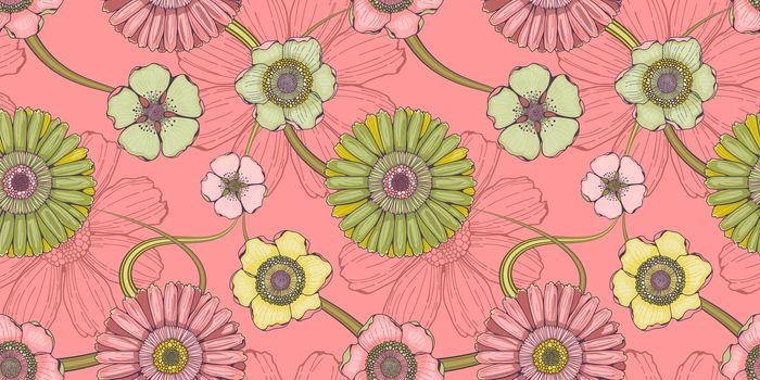 Floral pink seamless pattern with gerberas and magnolias