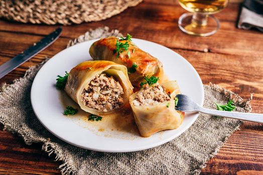 Sliced Cabbage Rolls Stuffed with Minced Beef and Rice