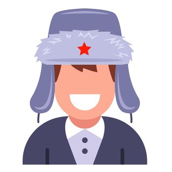 Russian man in a hat with earflaps. stereotype about Russians.