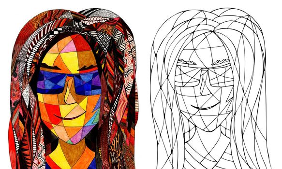 Coloring Page with a Fantasy Woman, Hand Drawn Stained Glass Portrait.