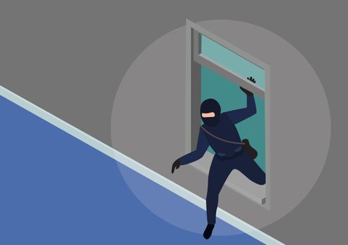 Gang of thieves. Male character wearing a black mask. Climbing the window into the house. vector illustration