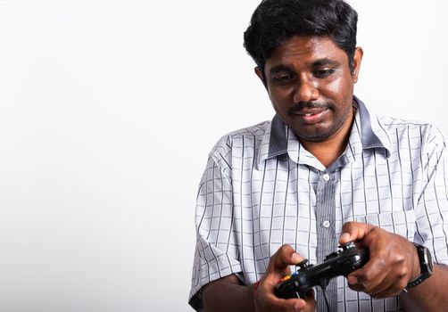 black man funny use hand playing video game pad joystick