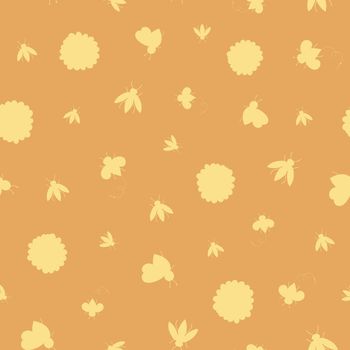 Seamless pattern yellow bees and flowers silhouettes on orange background