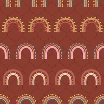 Decorative boho rainbows seamless pattern on brown background