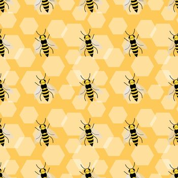 Bees honeycomb seamless pattern on orange background