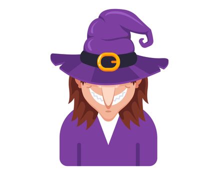 scary witch in purple robe and magic hat.
