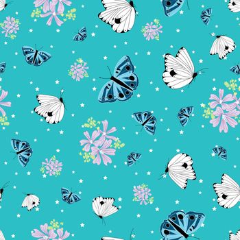 Seamless pattern with blue and white butterflies and flowers