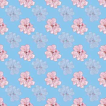 Pink sakura flowers repeat pattern on pastel blue