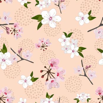 Abstract seamless pattern sakura flowers on creme background