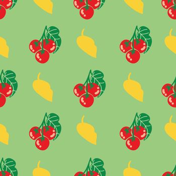 Cherry tomatos repeat pattern on green background