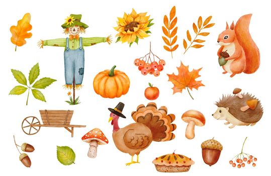 Fall set with leaves and squirrel. Watercolor scarecrow character and turkey, sunflower and pumpkin isolated on white background. Autumn thanksgiving decor.