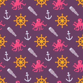 Octopus pirate with telescope, anchor and steering wheel of the ship on dark background, vector seamless pattern