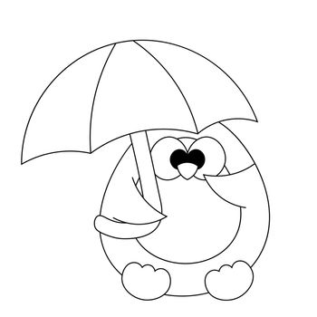 Cute cartoon Penguin with umbrella. Draw illustration in black and white