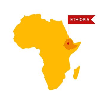 Ethiopia on an Africa s map with word Ethiopia on a flag-shaped marker.