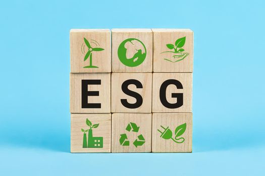 ESG concept of environmental, social and governance. Words ESG on a woodblock It is an idea for sustainable organizational development. account the environment, society and corporate governance.