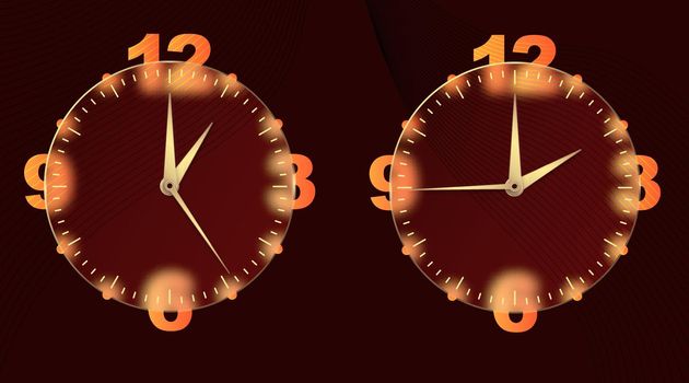 Clock glassmorphism effect. Set 3d style round timer Gold clock face and hands for mobile app design. Business icon. Modern concept background. Indication of time. Vector illustration