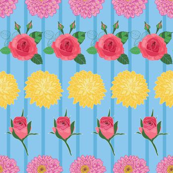 Seamless floral pattern roses and chrysanthemum on blue striped background