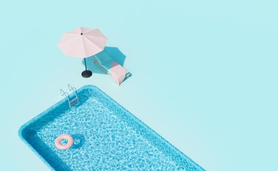 lounger with parasol placed at poolside on sunny day