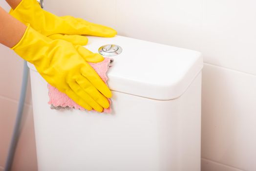 Hands of Asian woman cleaning toilet seat by pink cloth wipe restroom at house