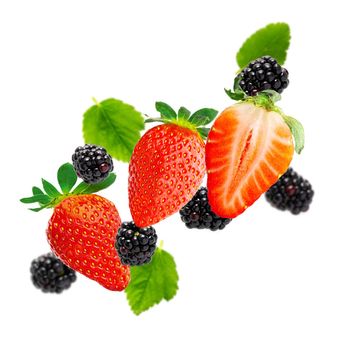 Summer Berries on white background. Strawberry, blueberry, raspberry, brumble. summer background